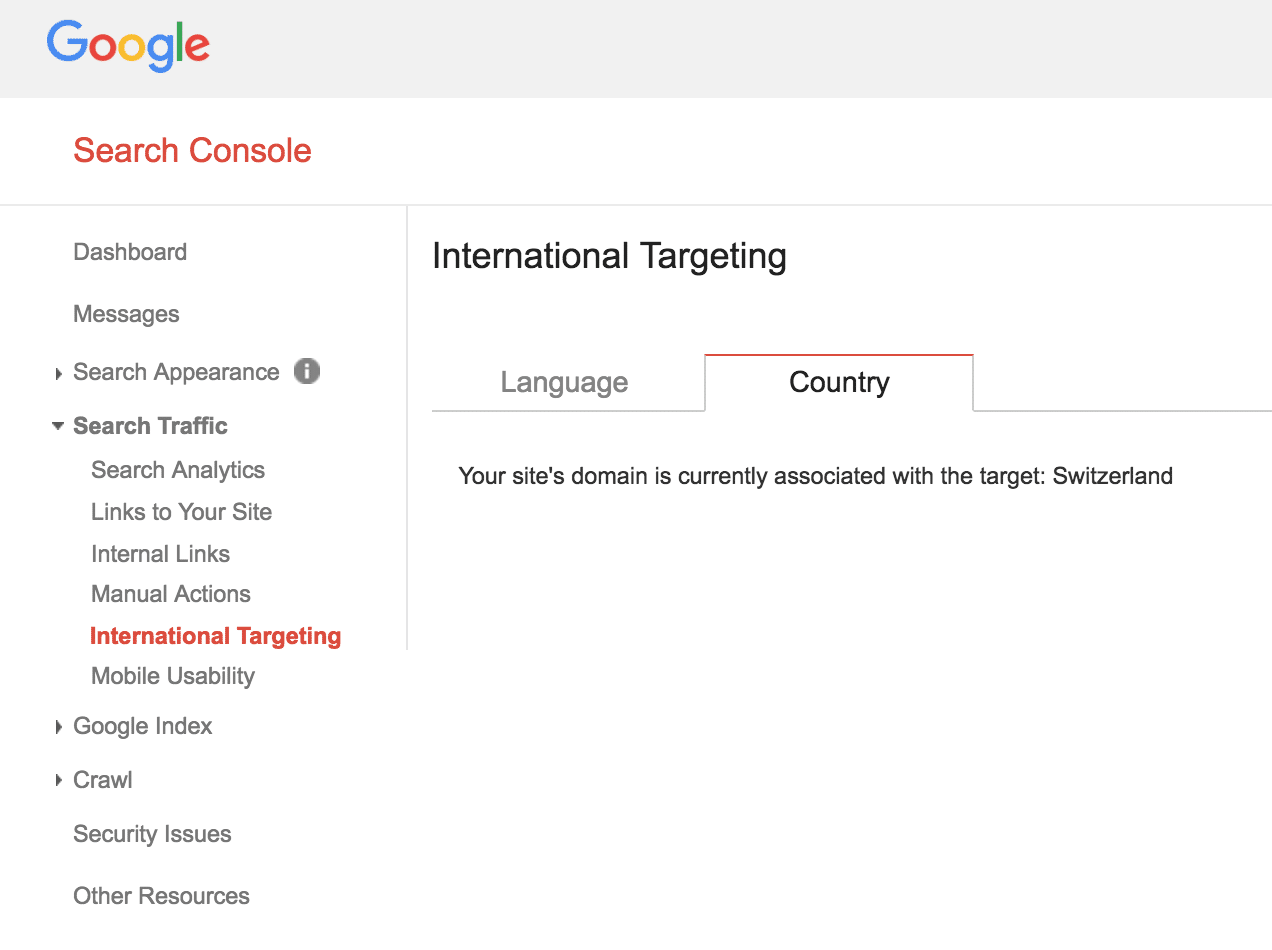 International targeting options in Google Search Console